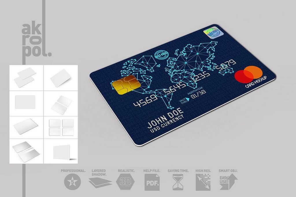 Mockup kartu kredit digital dengan desain modern dan detail teknis.
