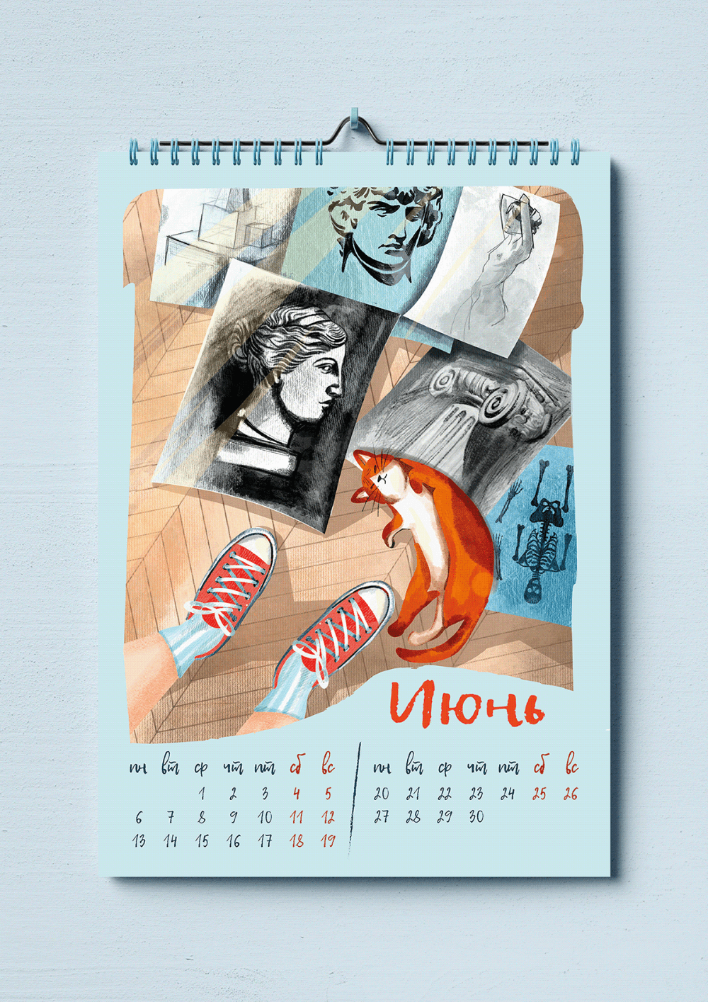 Kalender bulan Juni dengan ilustrasi kucing dan aksesori, cocok untuk dekorasi rumah.