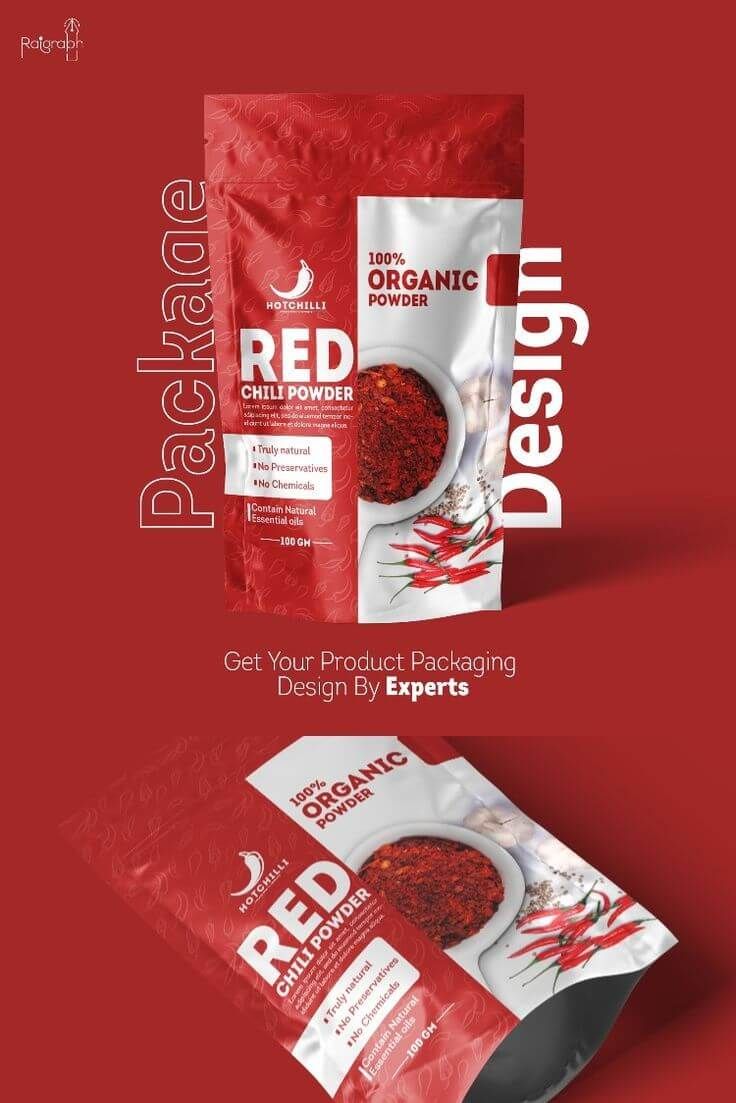 Desain kemasan bubuk cabai merah organik dengan tampilan menarik dan informatif.