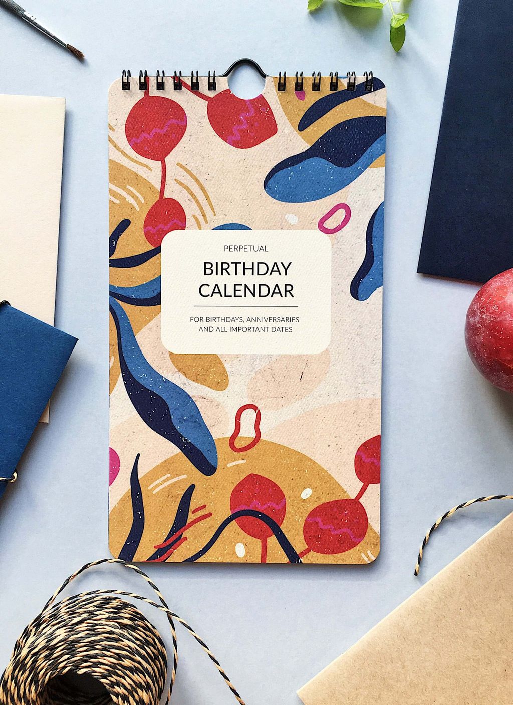Kalender ulang tahun permanen dengan desain abstrak berwarna-warni