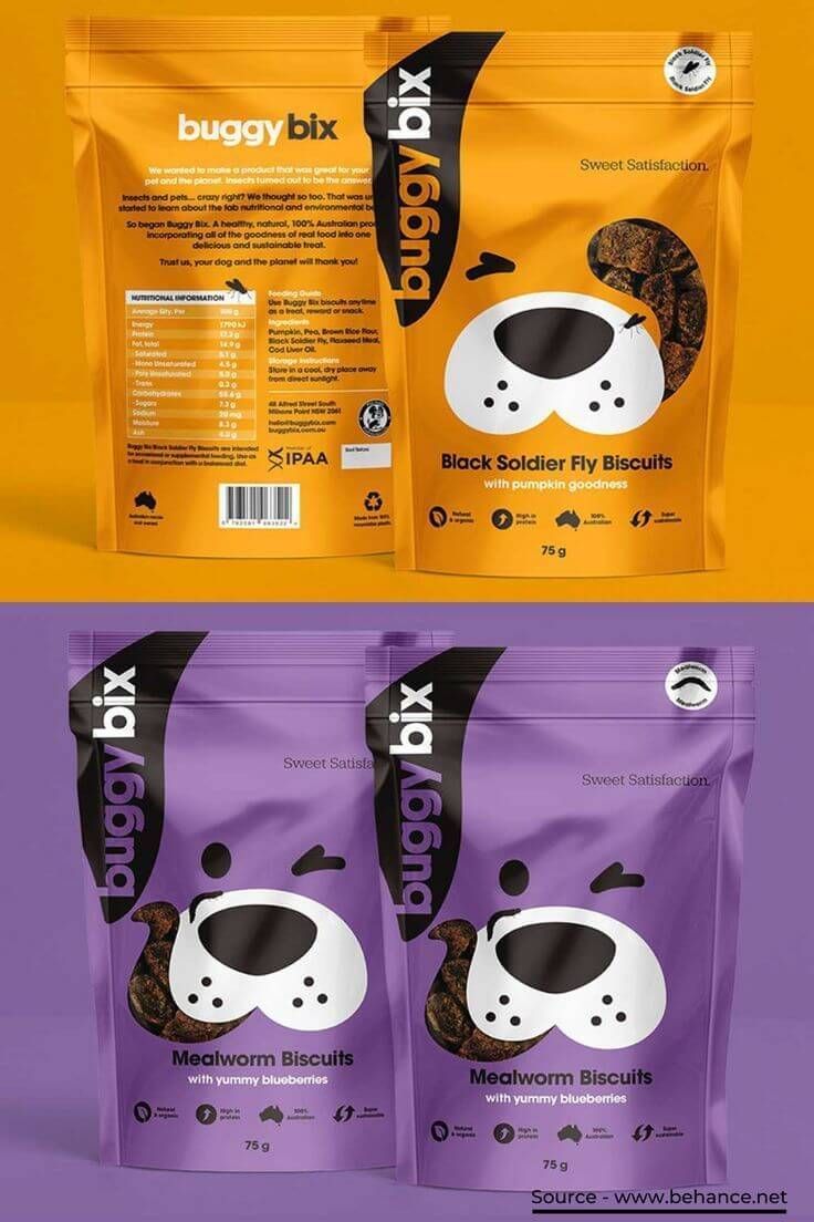 Paket makanan anjing Buggy Bix dalam warna kuning dan ungu.