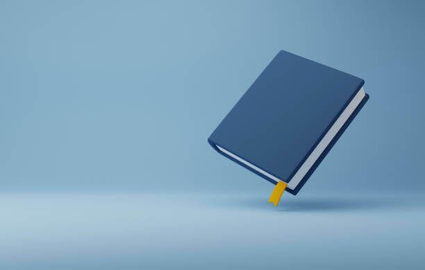 Ilustrasi buku biru dengan tanda halaman di tepi kanan, konsep percetakan online.