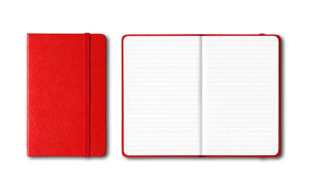 Buku catatan merah dengan halaman kosong, siap digunakan untuk notetaking.