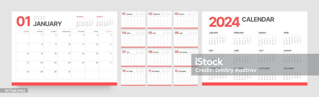 Desain kalender 2024 dengan warna merah dan putih, ideal untuk percetakan online.