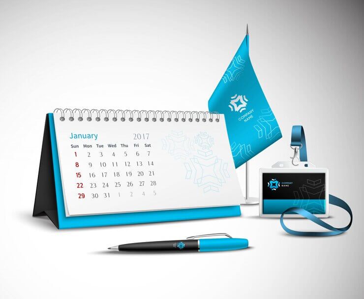 Calendar, flag, pen, and ID card with branding for Uprint.id's visual assets.