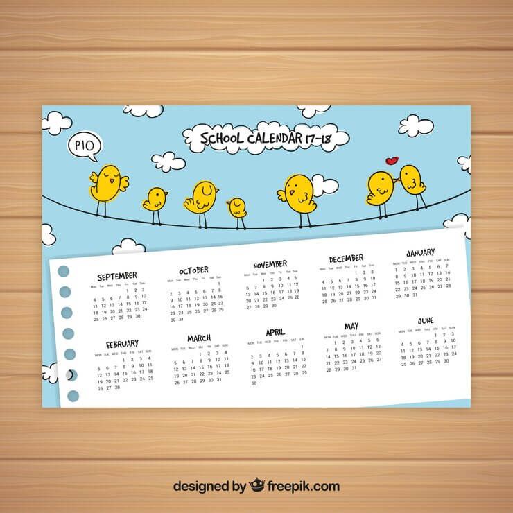 Kalender sekolah tahun 2017-2018 dengan desain lucu dan burung-burung lucu.