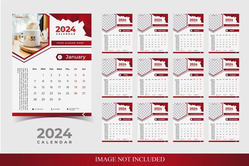 Desain kalender dinding tahun 2024 dengan tema merah dan putih, siap untuk dicetak.