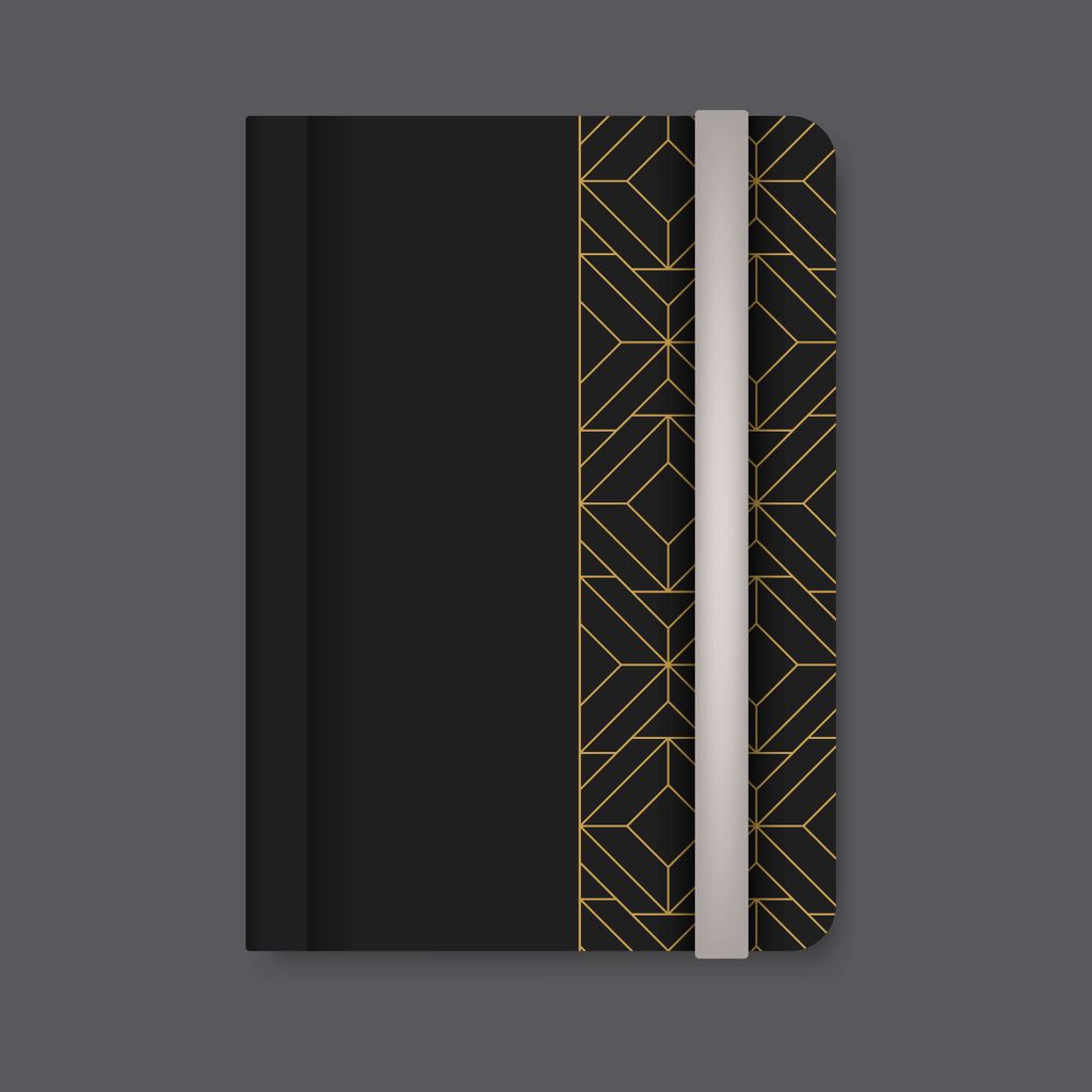 Notebook hitam dengan garis emas geometris dan tali pengikat putih
