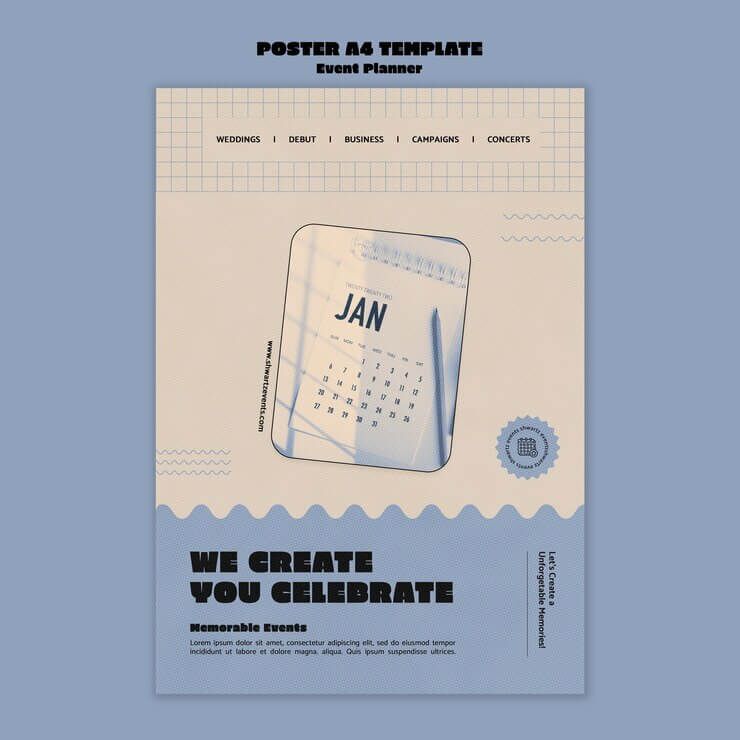 Desain template poster A4 untuk perencana acara dengan tema event planner.