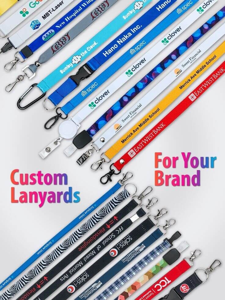 Beberapa lanyards dengan desain berbeda dan logo perusahaan.