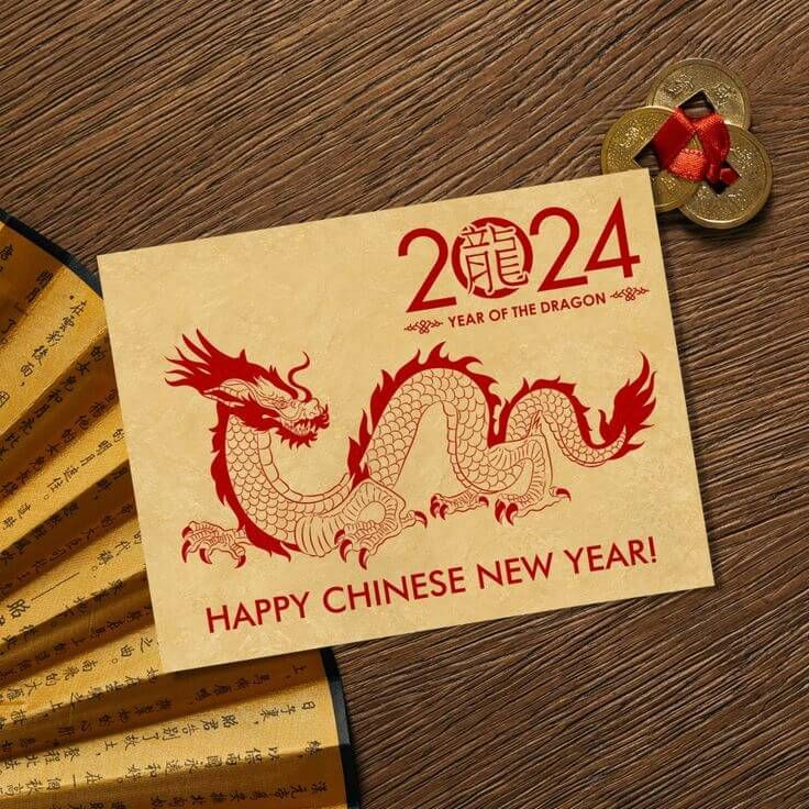 Kartu ucapan Tahun Baru Cina 2024 dengan naga dan angka 2024.
