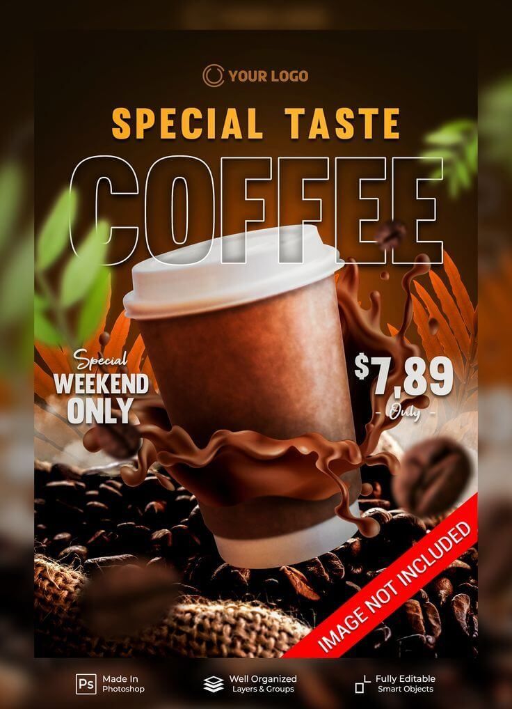 Promosi kopi spesial dengan cup coffee dan biji kopi di depannya.