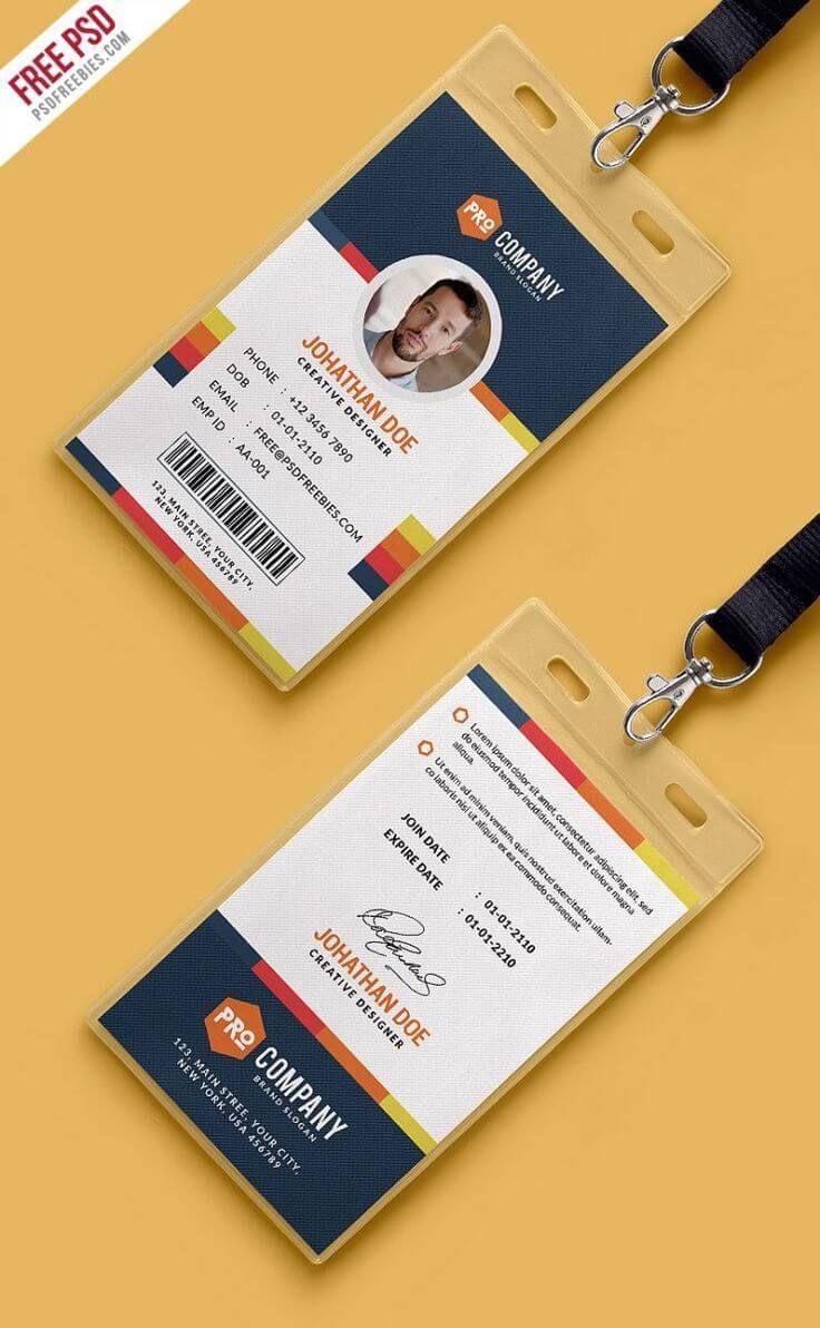 Desain template kartu identitas profesional dengan lanyard.