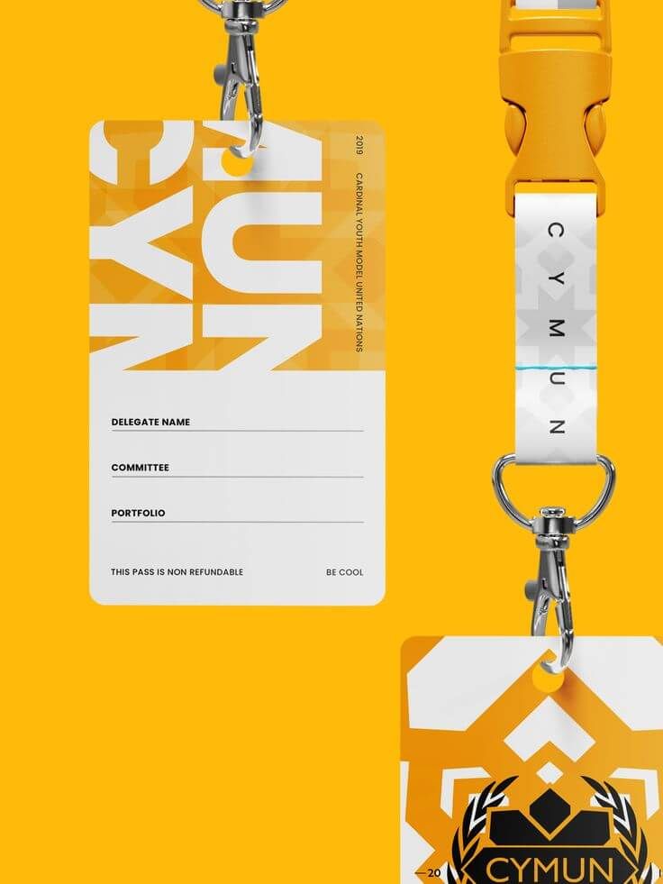 ID card with lanyard and Cymun branding for an event.