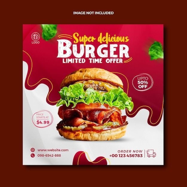 Iklan burger lezat dengan potongan daging dan sayuran segar.