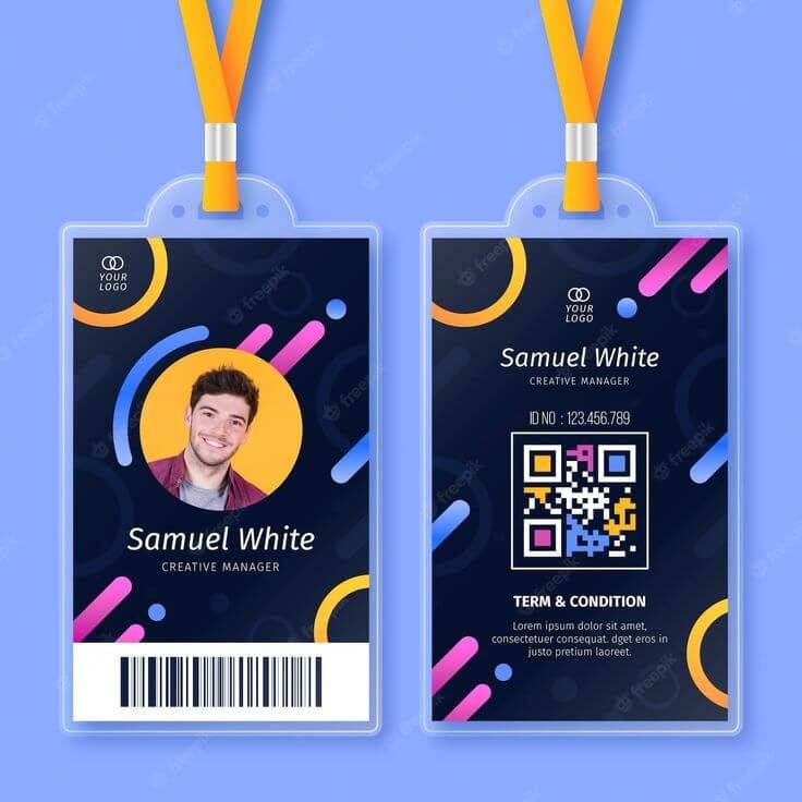 Desain kartu identitas profesional dengan foto dan QR Code.