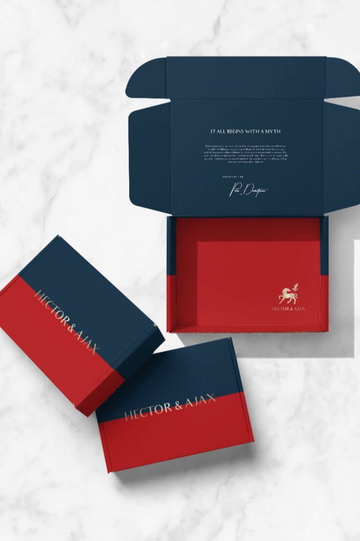 Kotak perusahaan dengan desain elegan, biru dan merah, 'Hector & Ajax'.