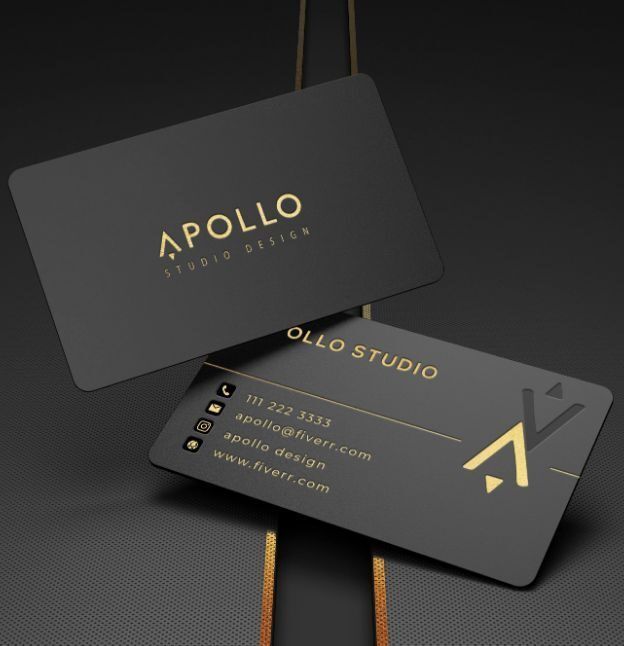 Gambar kartu nama profesional dengan desain elegan dan logo Apollo Studio Design.