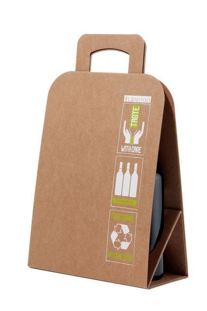 Kotak pengemasan minuman eco-friendly dengan simbol lingkungan dan tangan.