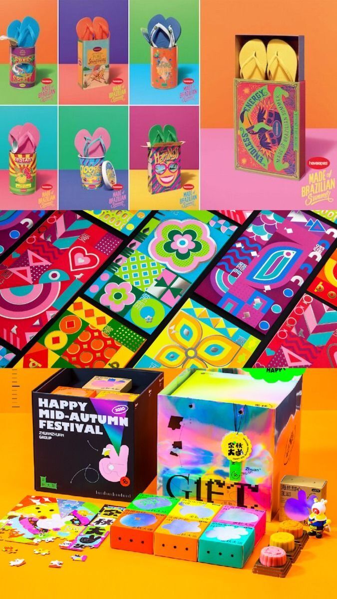 Paket hadiah berwarna-warni untuk Festival Mid-Autumn dengan elemen-elemen tradisional dan modern.