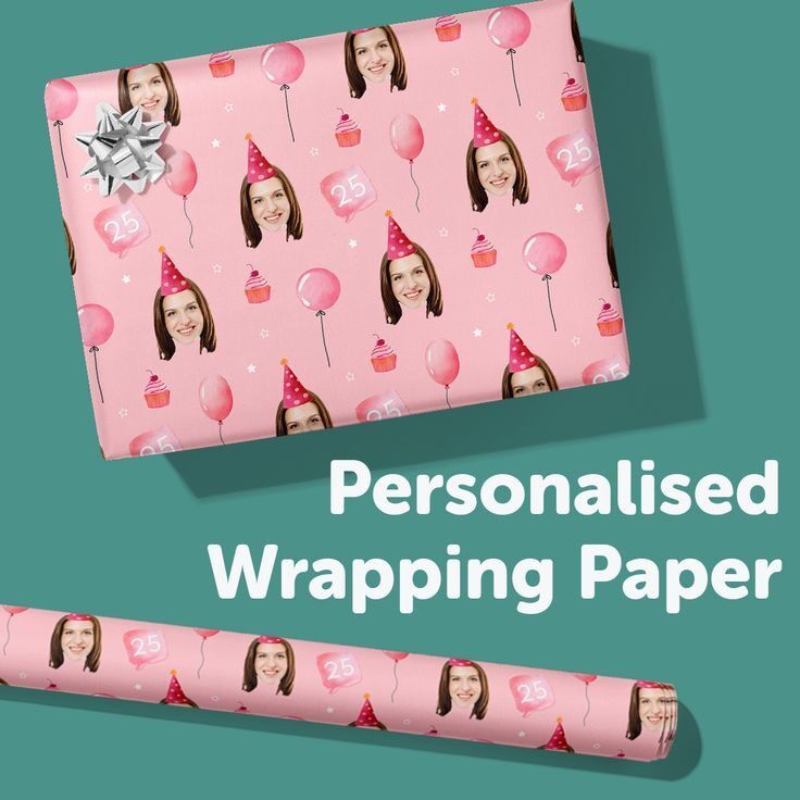 Kertas hadiah berwarna pink dengan foto dan balon, menampilkan tulisan 'Personalised Wrapping Paper'.