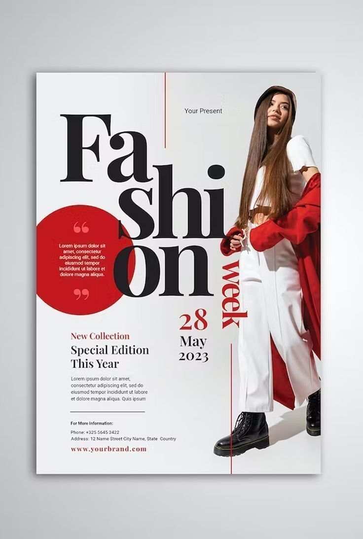 Poster Fashion Week dengan model memamerkan koleksi baru.