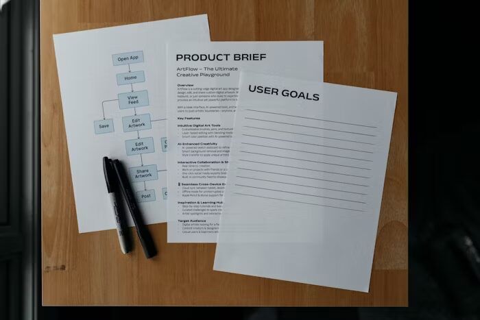 Lembaran kertas dengan 'Product Brief' dan 'User Goals' di atas meja kayu.