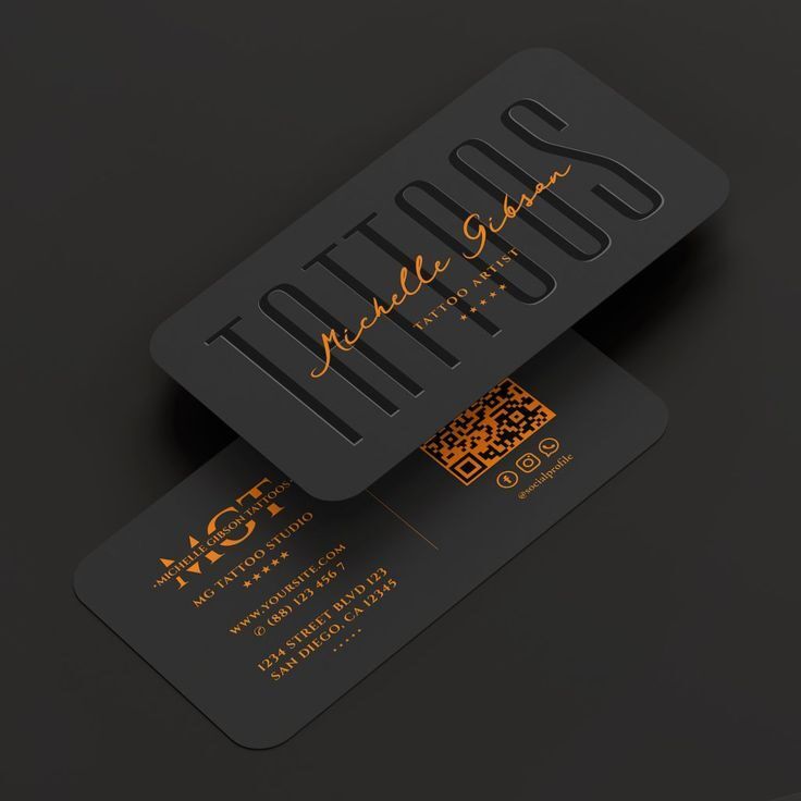 Kartu nama profesional untuk studio tato dengan QR Code dan detail kontak.