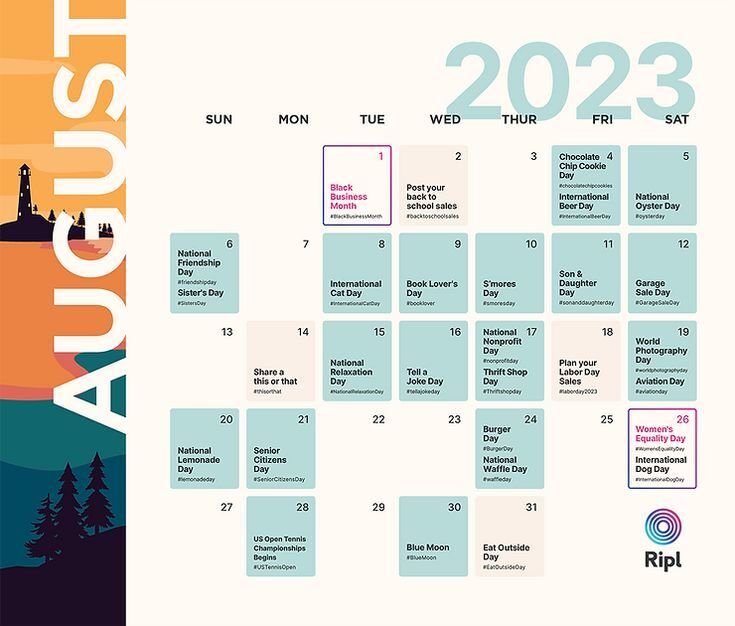 Kalender bulan Agustus 2023 dengan perayaan dan hari-hari istimewa, termasuk National Lemonade Day dan Women's Equality Day.