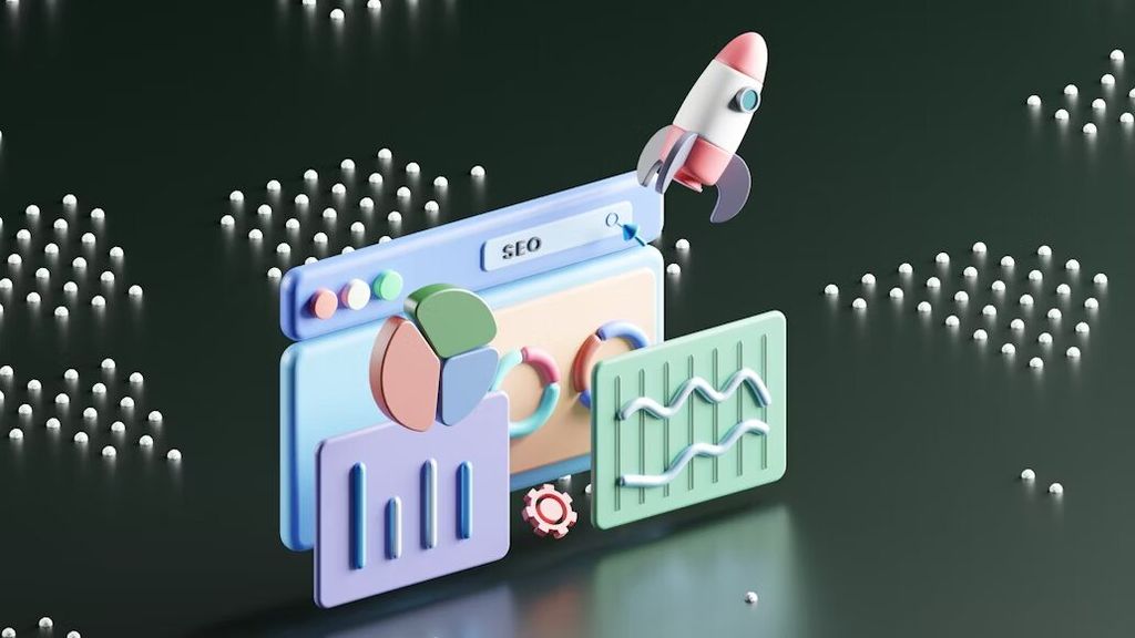 Ilustrasi folder dan elemen SEO dengan latar belakang abstrak.