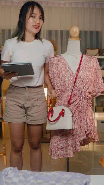 Model memamerkan baju dan tas dengan desain elegan di manekin.