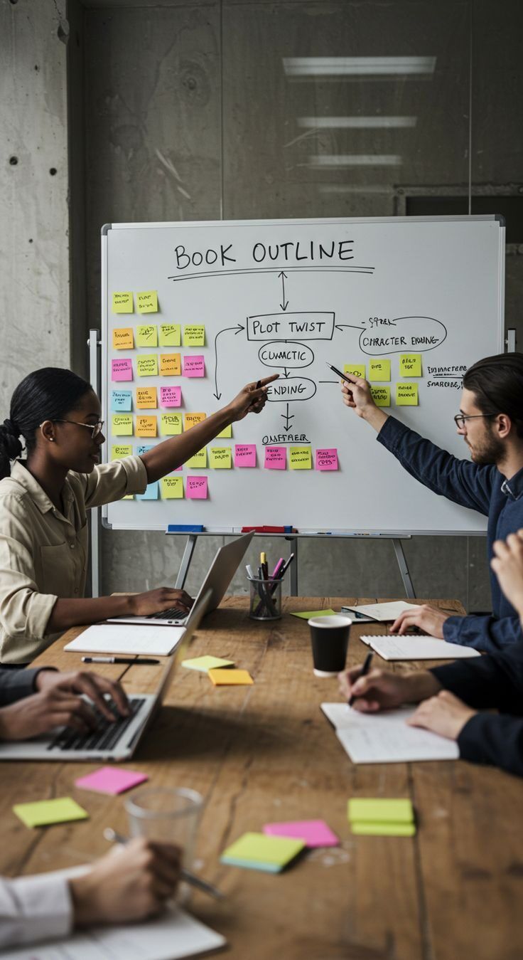 Tim kerja sedang merancang outline buku di kantor.