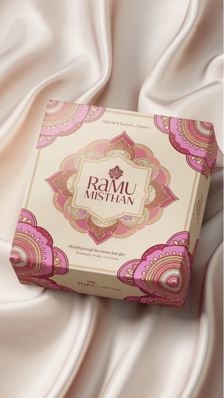 Kemasan produk Ramu Misthan dengan desain eksklusif dan warna merah muda.