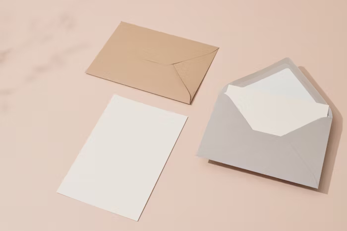 Perangko dan surat putih di atas latar pink.