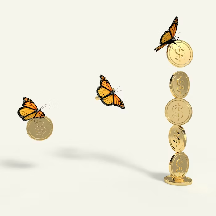 Gambar menunjukkan kupu-kupu dan koin dolar yang menandakan pertumbuhan ekonomi.