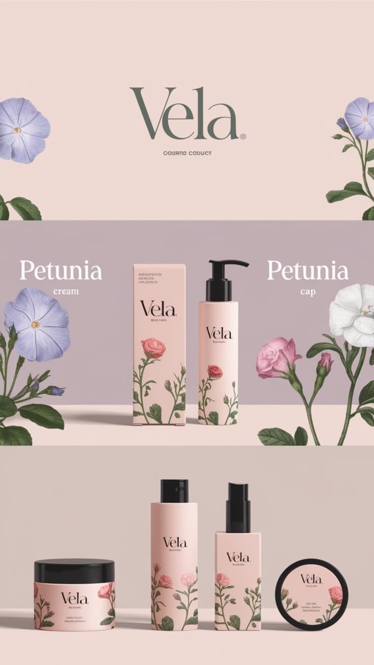 Gambar produk skincare Vela dengan kemasan elegan dan bunga sebagai elemen dekorasi.