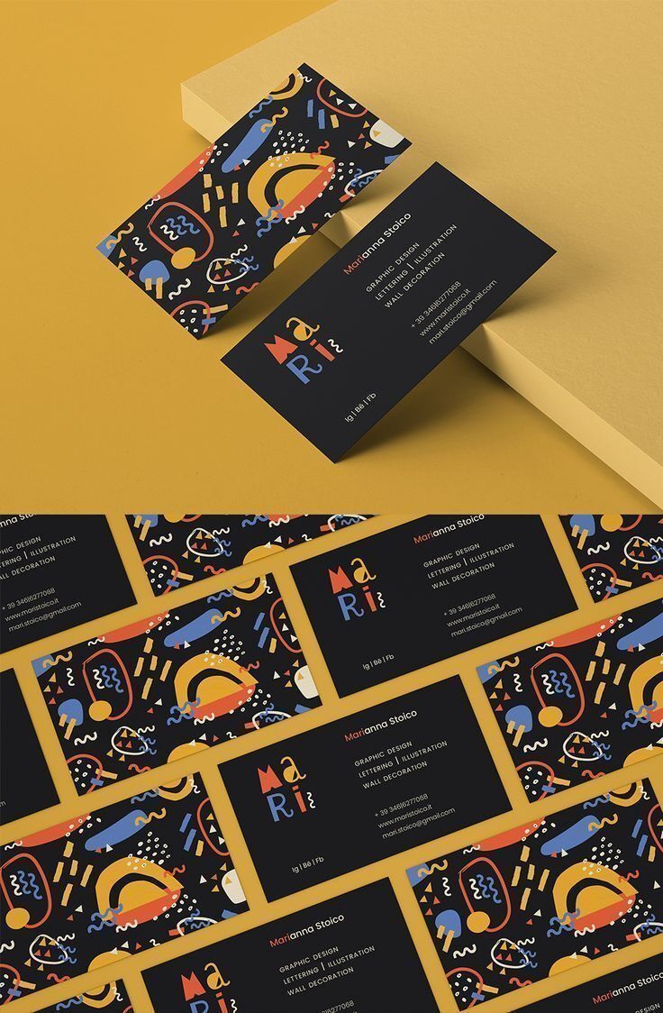Kartu nama dengan desain unik dan motif geometris yang mencolok, ideal untuk promosi bisnis.