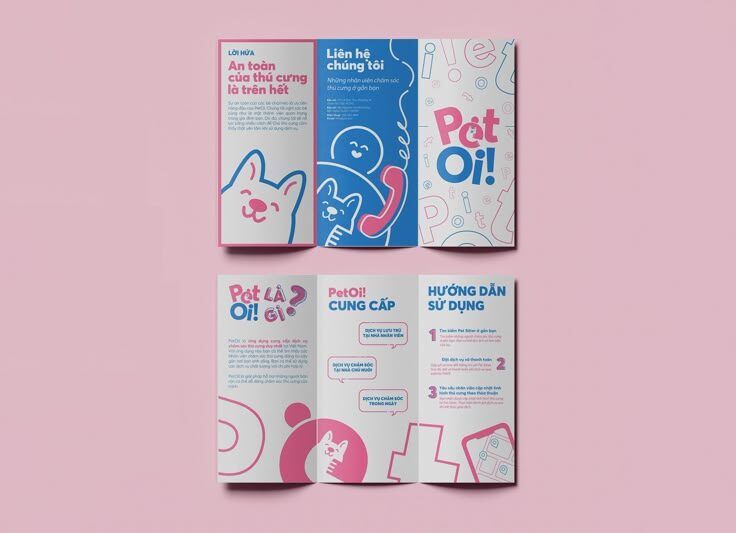 Desain brosur percetakan online Pet Oi! dengan tema kucing dan anjing.