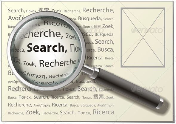 Magnifying glass over various languages with the word 'Search' emphasized.