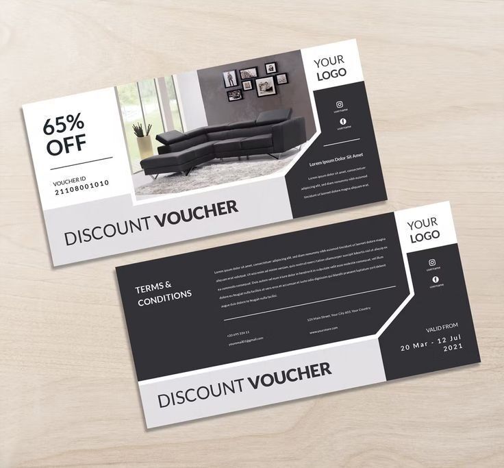 Desain voucher diskon 65% dengan logo dan detail kondisi.