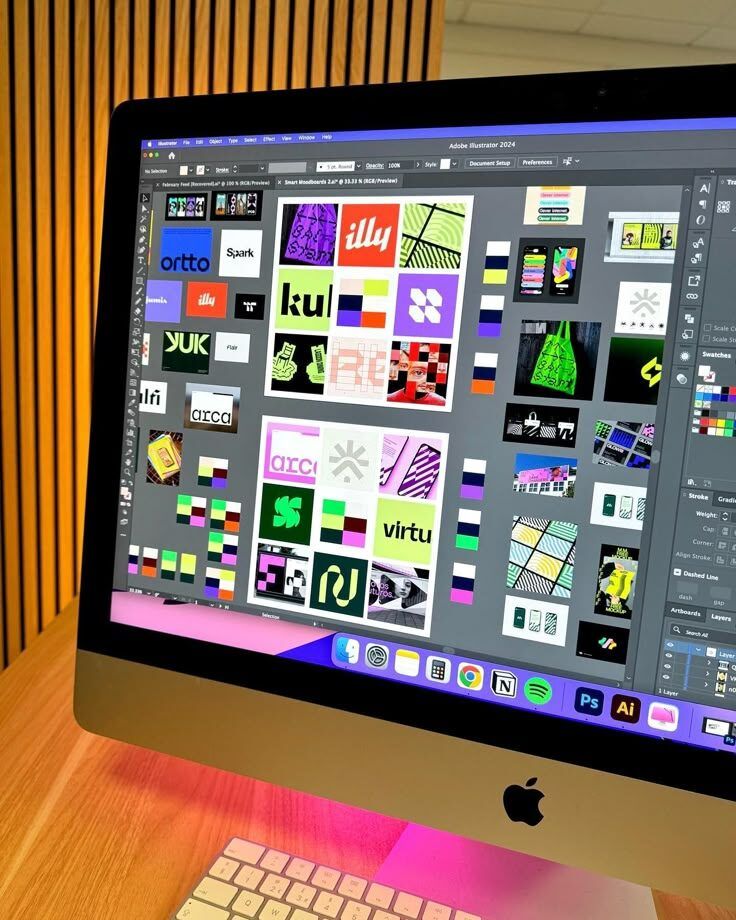 Tampilan layar Adobe Illustrator dengan berbagai desain grafis dan logo.