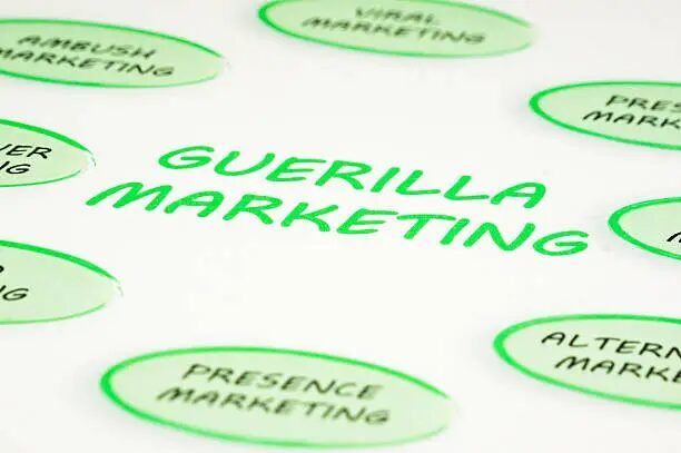 Tulisan 'Guerilla Marketing' di tengah daftar strategi promosi online.