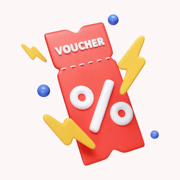 Ilustrasi voucher diskon dengan simbol persen dan petir, konsep hemat dan promosi.