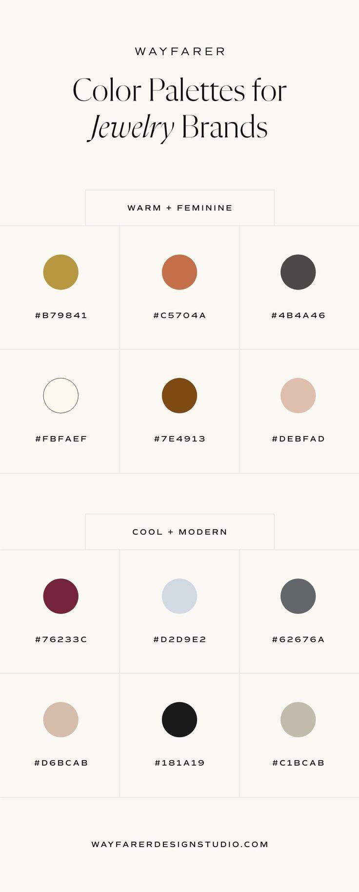 Infografik palet warna hangat dan feminin serta dingin dan modern untuk brand perhiasan.