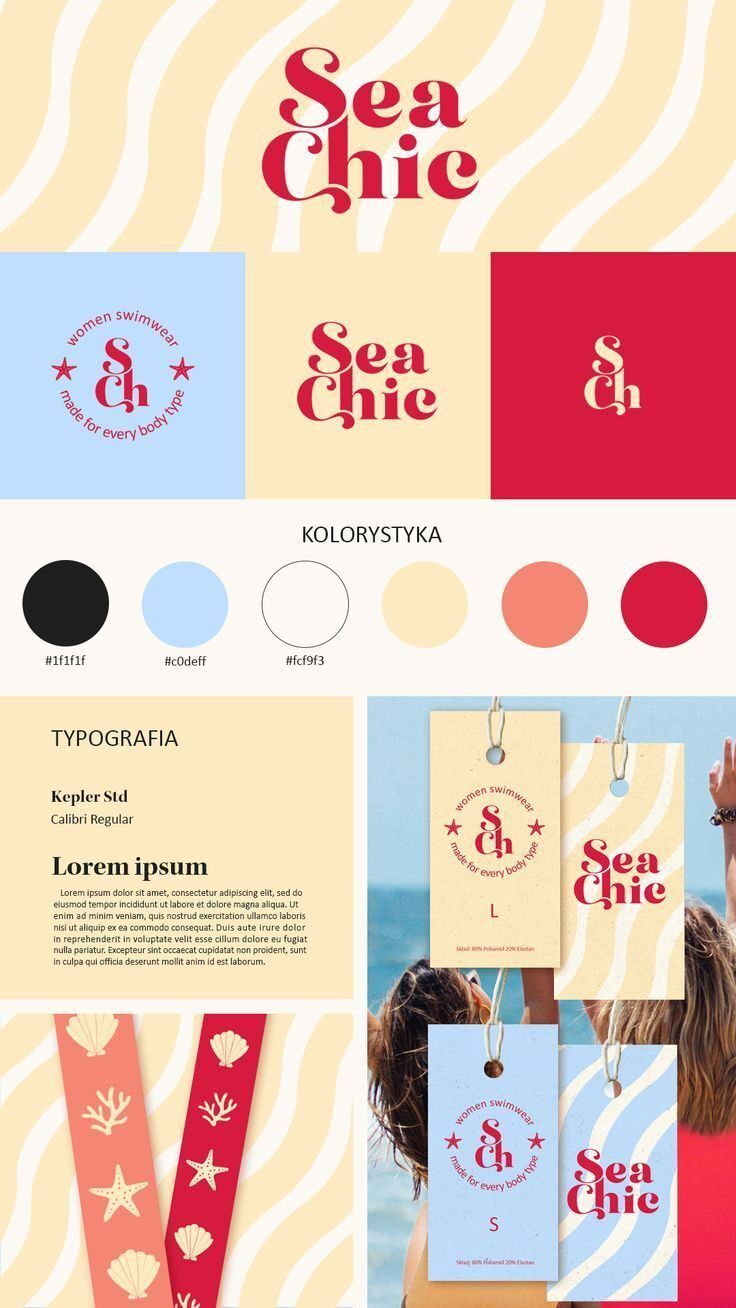 Brand identity design for Sea Chic swimwear with color palette and typography details.