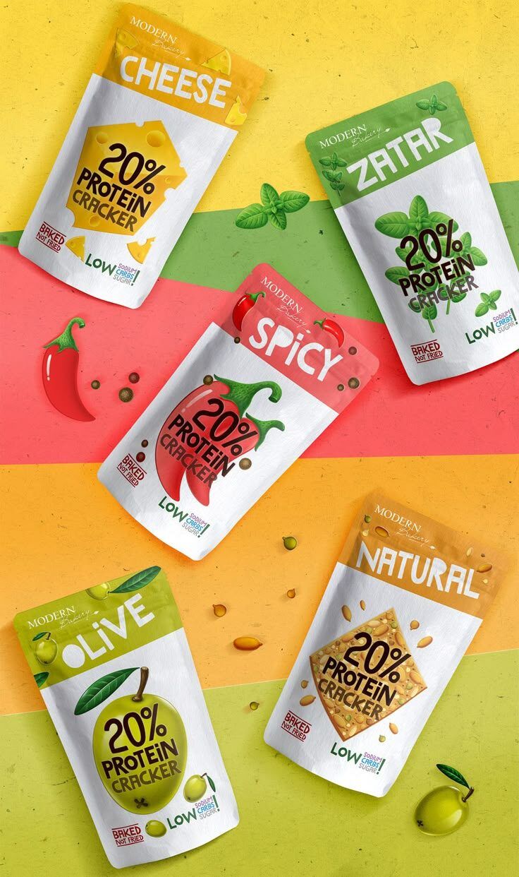 Berbagai varian crackers protein 20% dengan rasa cheese, zatar, spicy, olive, dan natural.