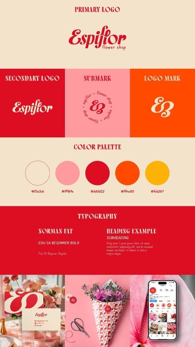 Infografik identitas merek Espijlor Flower Shop dengan logo dan palet warna.