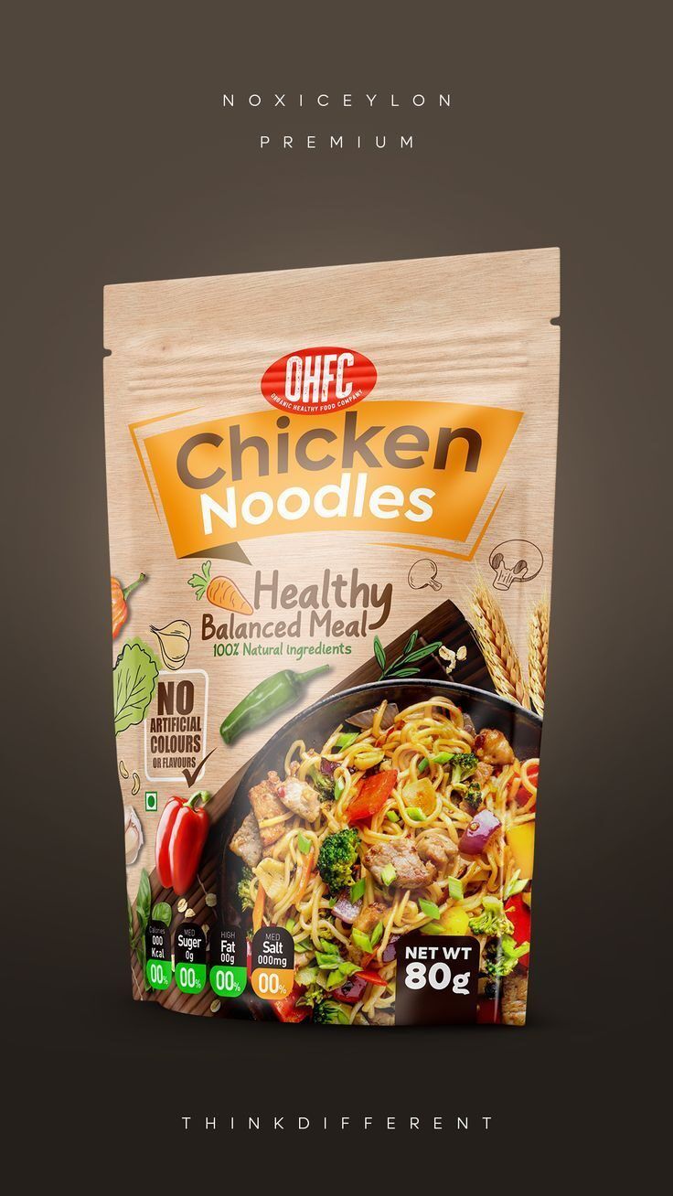 Pouch of OHFC Chicken Noodles with healthy meal ingredients and text highlighting natural ingredients.