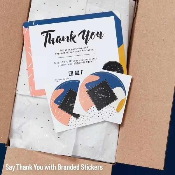 Stiker terima kasih dengan desain modern dan kode diskon