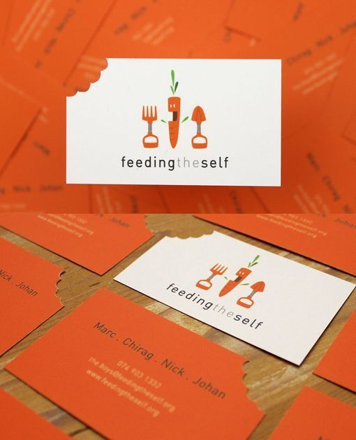 Kartu nama 'Feedingthefelf' dengan logo sayur dan alat makan, latar belakang oranye.